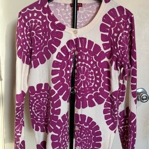 Merona Size M White/Magenta Floral Knit Cardigan Sweater Cotton Blend Geometric